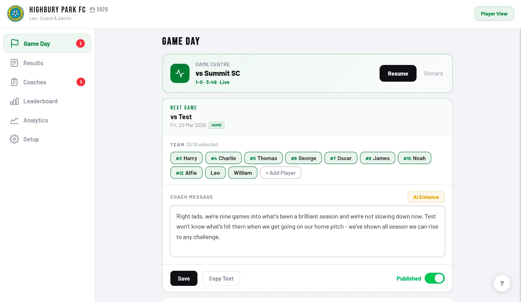 Game Day desktop view